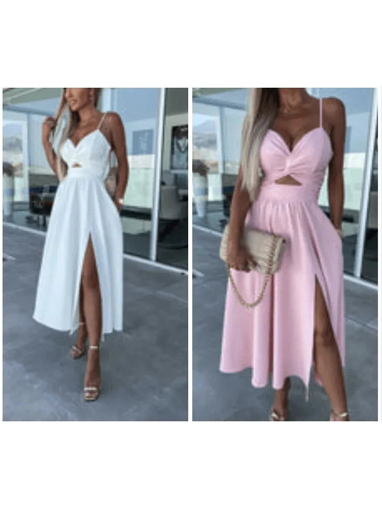 Pink Vanette elegant strappy front slit midi dress by Lumina Vancouver, showcasing a stylish design with a fitted silhouette.