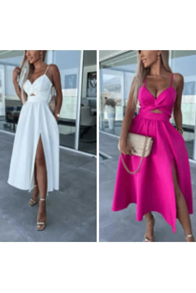 Pink Vanette Elegant Strappy Front Slit Midi Dress by Lumina Vancouver, showcasing a stylish design with front slit and strappy details.