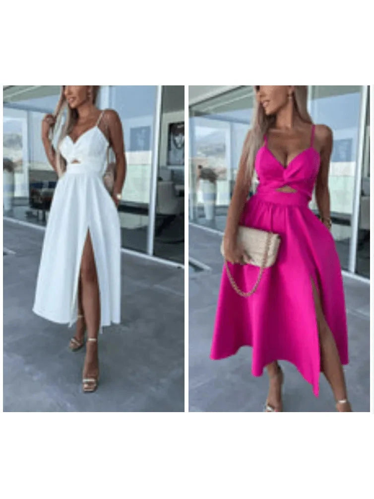Pink Vanette Elegant Strappy Front Slit Midi Dress by Lumina Vancouver, showcasing a stylish design with front slit and strappy details.