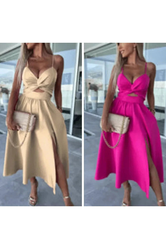 Pink Vanette elegant strappy front slit midi dress by Lumina Vancouver, featuring a stylish design and flowing silhouette.