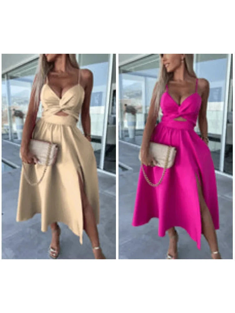Pink Vanette elegant strappy front slit midi dress by Lumina Vancouver, featuring a stylish design and flowing silhouette.