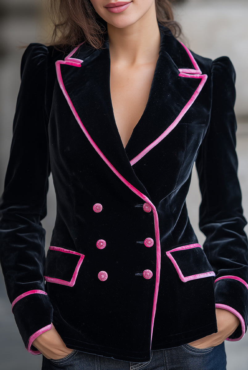Black velvet blazer with pink contrast trim from Lumina Wear, featuring a tailored fit and stylish design.