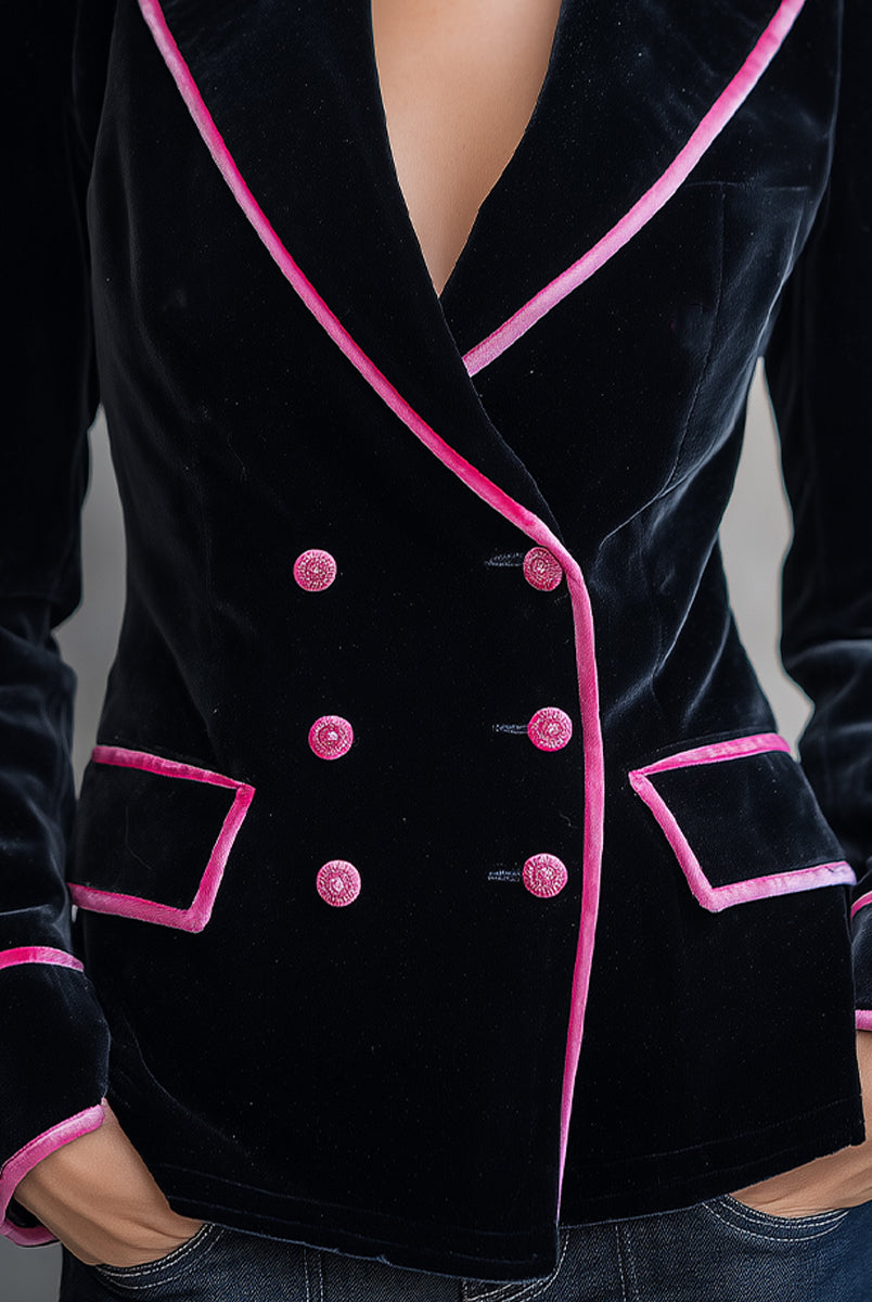 Black velvet blazer with pink contrast trim by Lumina Wear, featuring tailored fit and stylish design, shown on a model.
