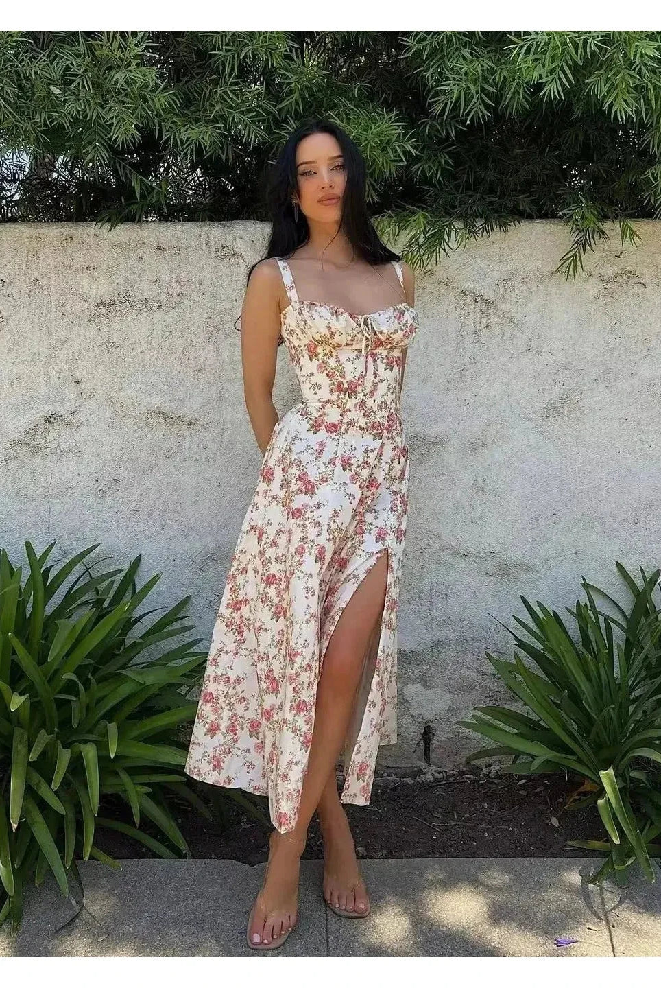 Lumina Wear Venura spring evening dress in white with floral print, perfect for wedding guests, size 6-8, XS.