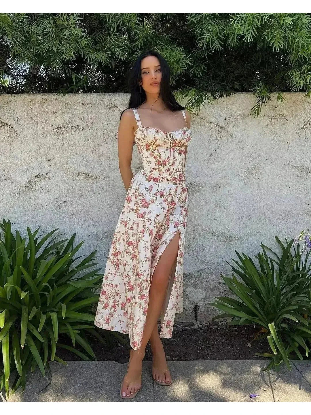 Venura spring wedding guest dress by Lumina Vancouver, white floral print, lightweight fabric, perfect for spring events and celebrations.