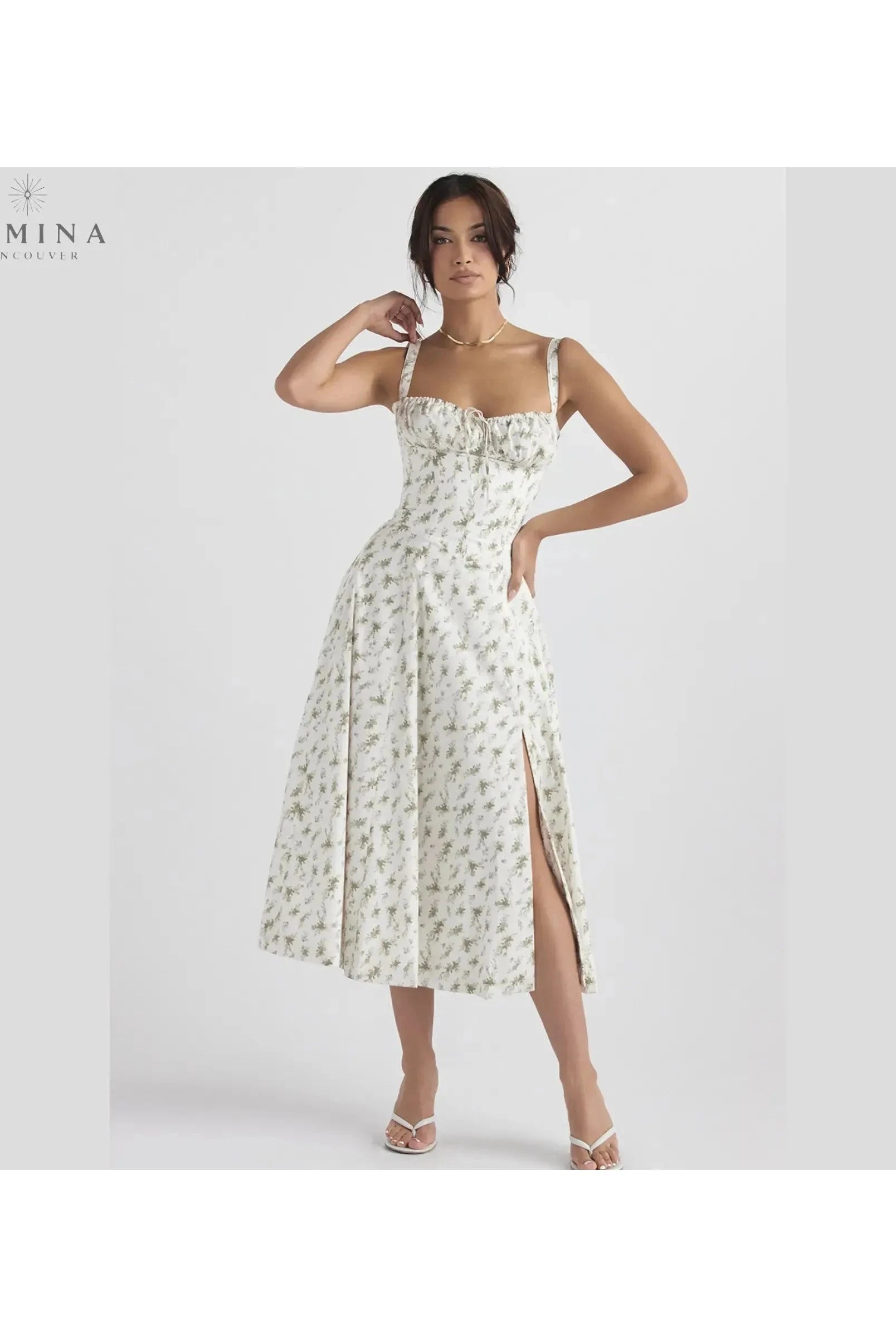 Venura Spring Dress by Lumina Wear, white flower print evening dress for women, perfect for weddings and special occasions.