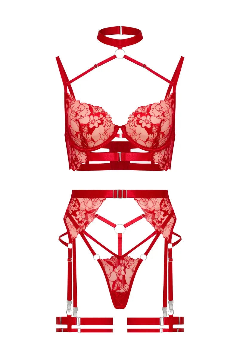 Lumina Wear Nathalène Lingerie Set featuring delicate lace bras and matching panties in soft pastel colors.