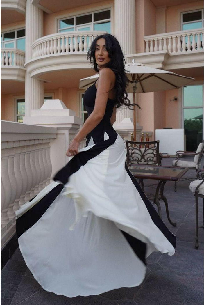 Lumina Wear Viara paneled maxi dress in black and white, flowing floor-length style with a stylish, modern design.