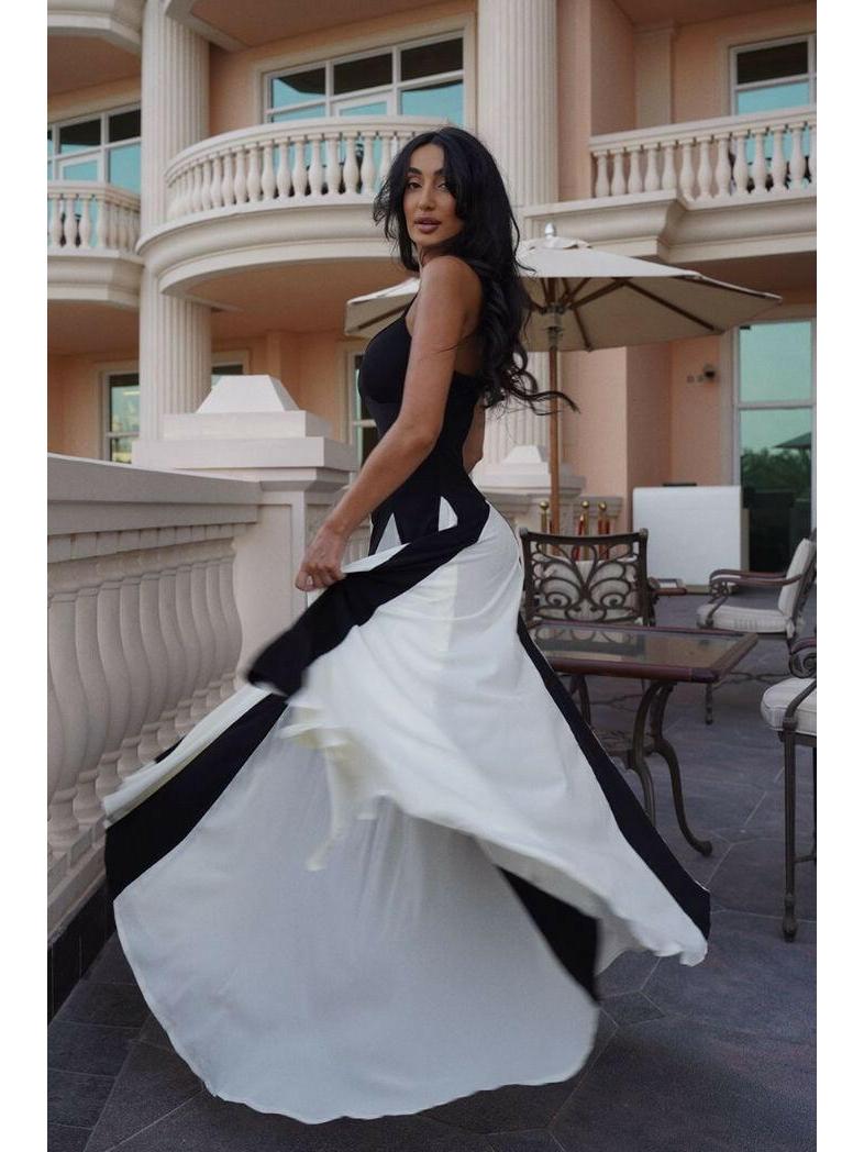Black and white Viara paneled maxi dress by Lumina Vancouver, featuring a flowing silhouette and stylish panel details.