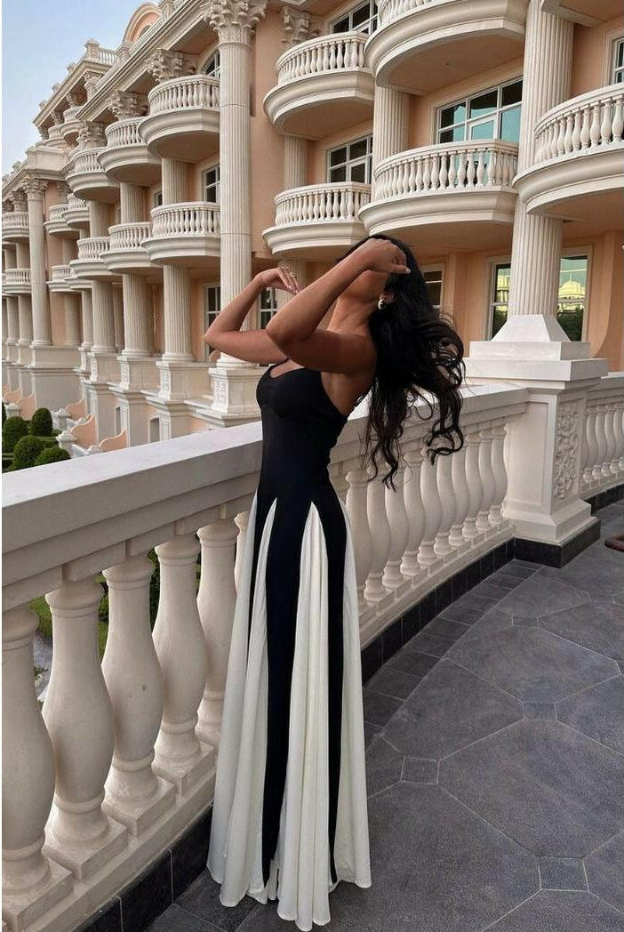 Black and white Viara paneled maxi dress by Lumina Wear, flowing design with a stylish, elegant look.