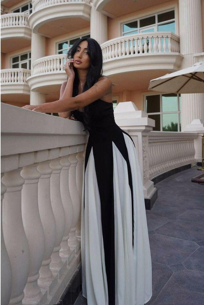 Black and white Viara paneled maxi dress by Lumina Wear, featuring a flowing silhouette and stylish design.