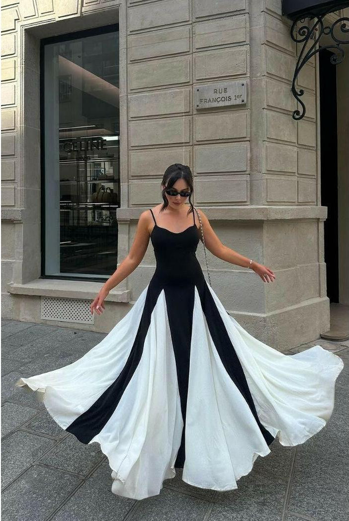 Black and white Viara paneled maxi dress by Lumina Wear, flowing maxi dress with stylish panel design.
