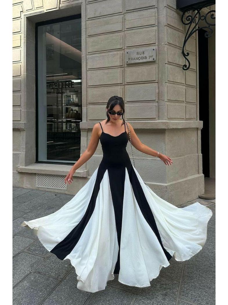 Black and white Viara paneled maxi dress by Lumina Vancouver, featuring a flowing silhouette and stylish design.