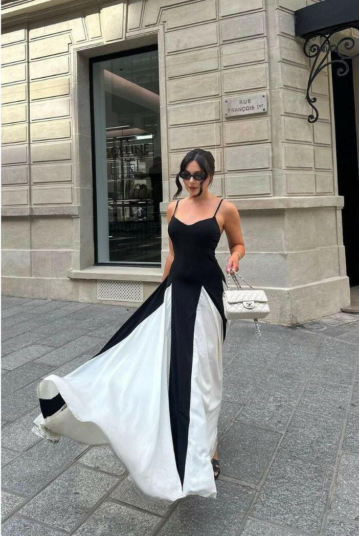Lumina Wear Viara paneled maxi dress in black and white, flowing design with a stylish, elegant silhouette.