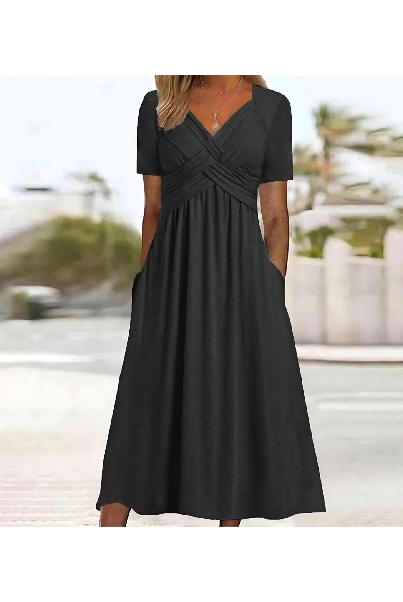 Green Vicky™ casual elegance midi dress by Lumina Vancouver, stylish and comfortable for everyday wear.