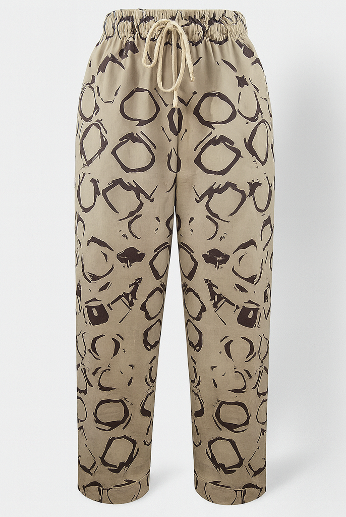 Lumina Wear Victor beige relaxed trousers with elastic waistband and circle print, casual pants for comfortable everyday wear.