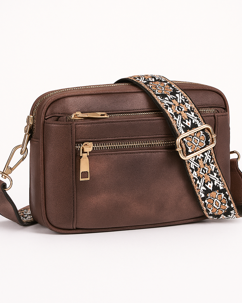 Dark brown Victoria bohemian-inspired vegan leather shoulder bag by Lumina Wear, featuring a stylish and spacious handbag design.