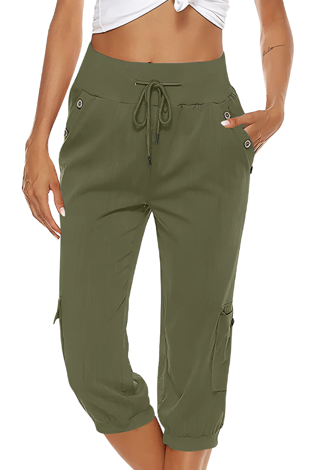 Victoria women's green breathable capri trousers with elastic waist by Lumina Wear, shown in gray, perfect for casual wear.