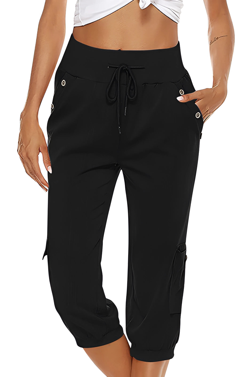 Women's breathable green Capri trousers with elastic waist by Lumina Wear, designed for comfort and style.