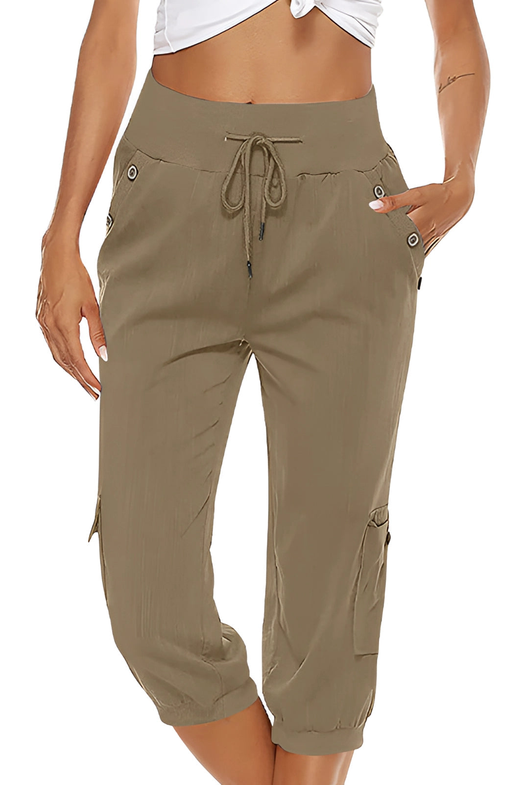 Victoria breathable green women's capri trousers by Lumina Wear with elastic waist, perfect for comfortable casual wear.