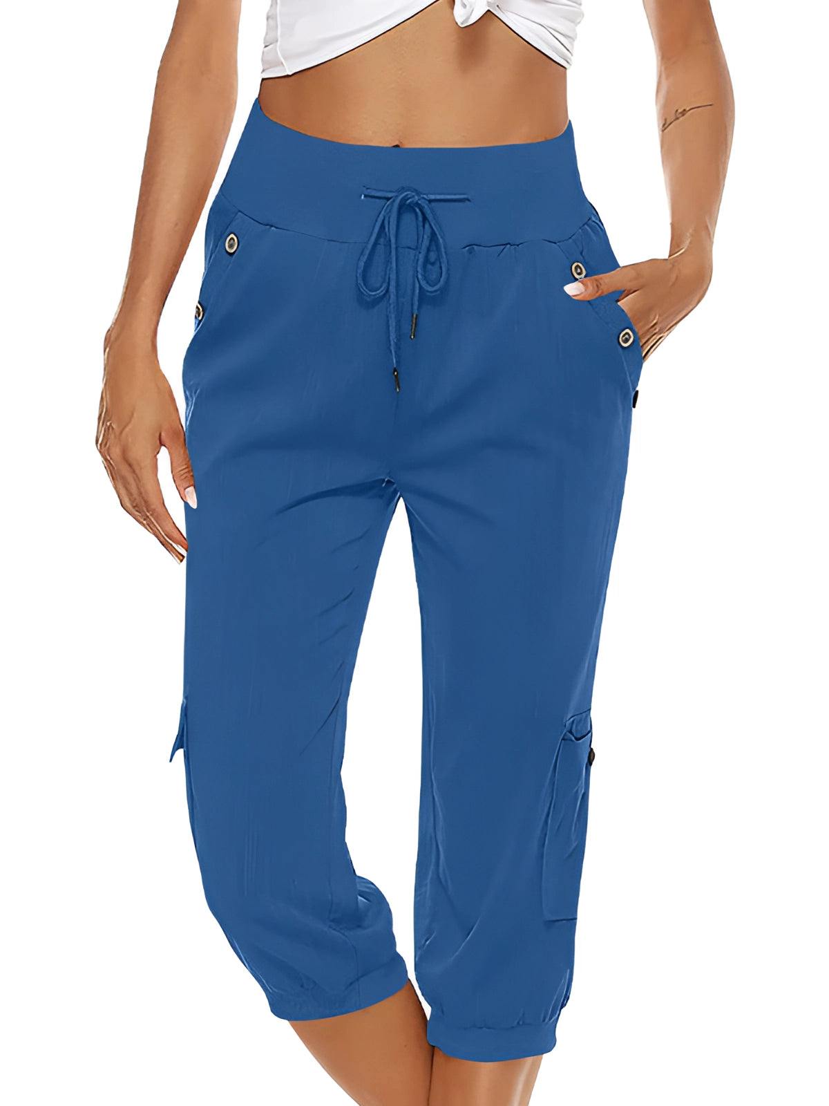 Bright green women's Capri trousers with elastic waist from Lumina Wear, featuring breathable fabric and a comfortable fit.