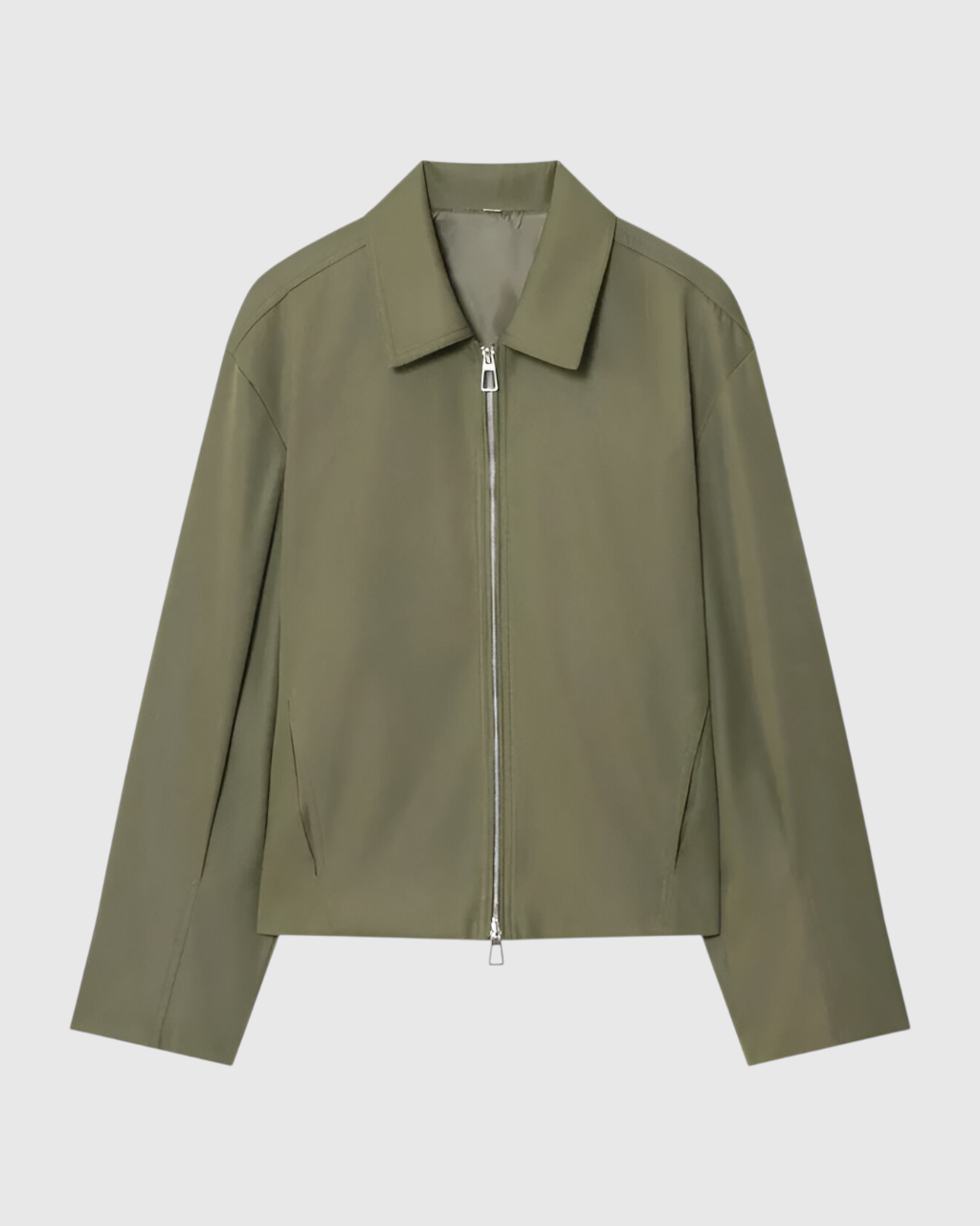 Victoria casual army green bomber jacket with zipper closure by Lumina Wear, featuring a fitted design and ribbed cuffs.