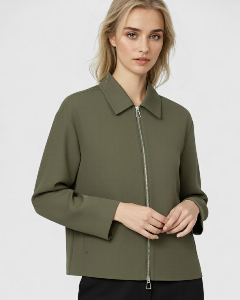 Victoria casual army green bomber jacket with zipper closure by Lumina Wear, featuring a relaxed fit and ribbed cuffs.