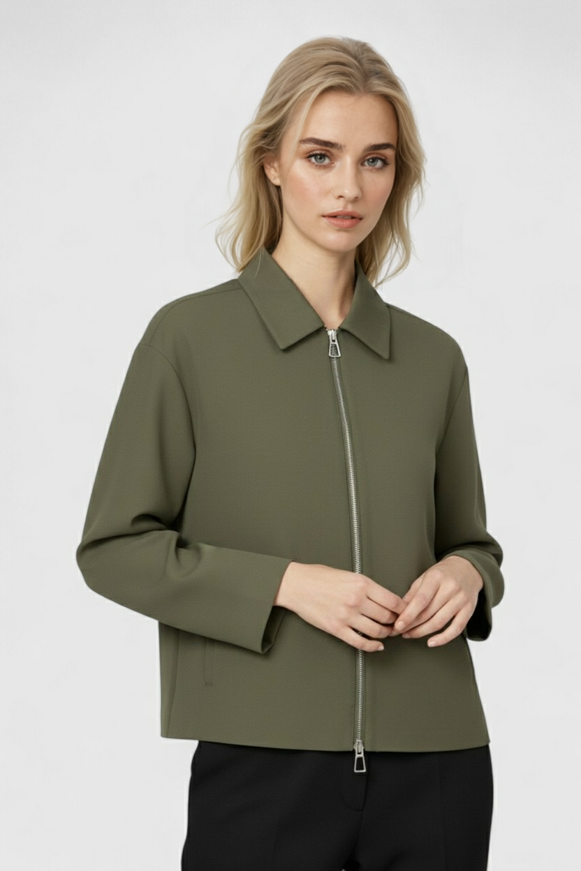 Victoria casual army green bomber jacket with zipper closure from Lumina Wear, featuring a stylish and comfortable fit.