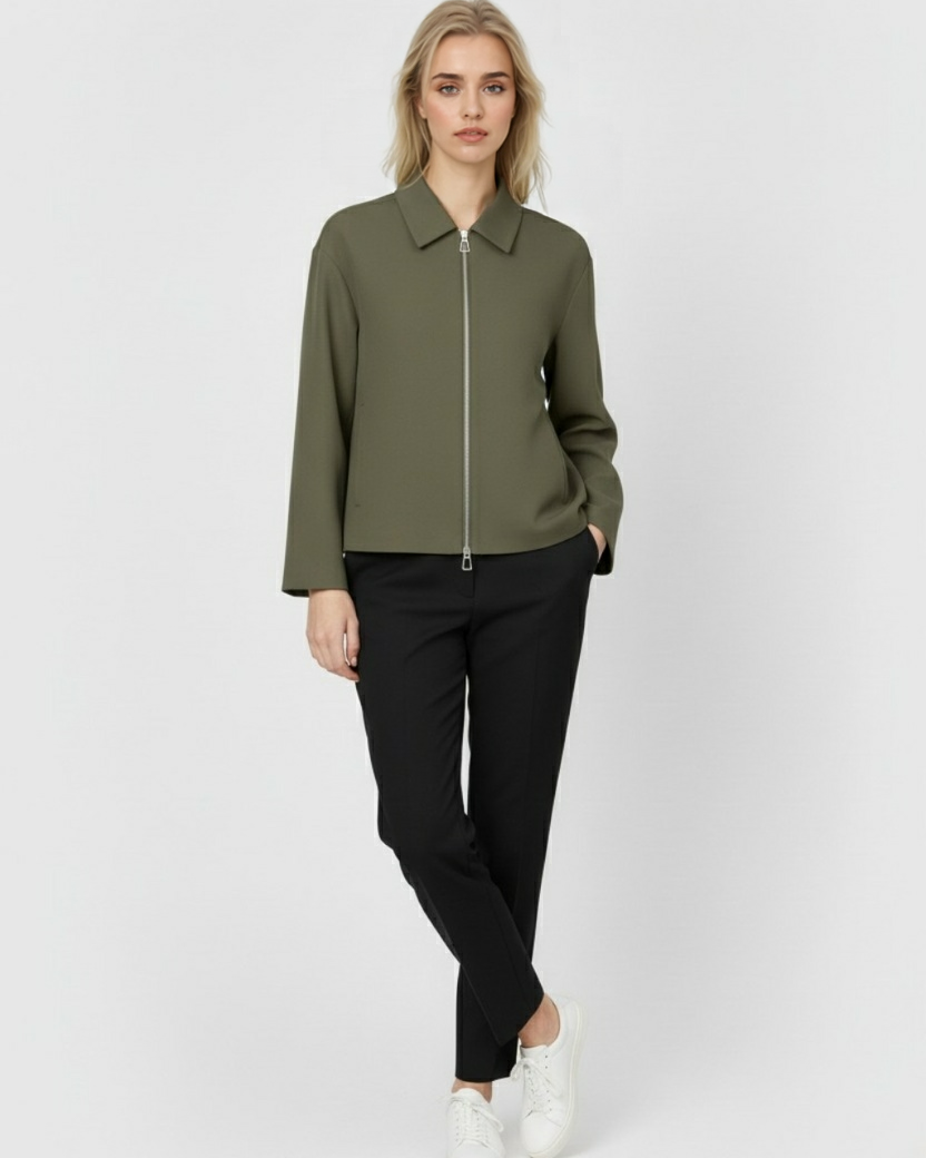 Victoria casual army green bomber jacket by Lumina Wear with zipper closure, featuring a classic military-inspired design.