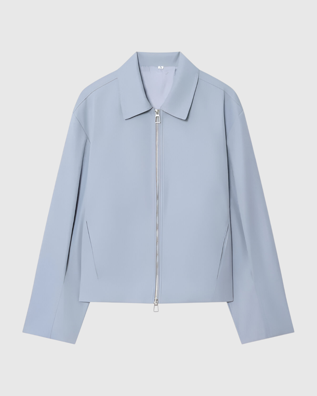 Light blue Victoria casual bomber jacket with zipper closure by Lumina Wear, featuring a relaxed fit and stylish design.