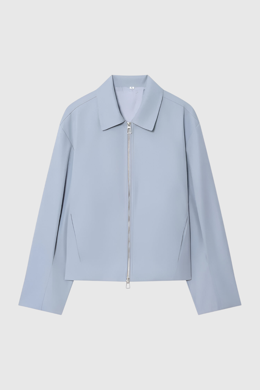 Light blue Victoria casual bomber jacket with zipper closure from Lumina Wear, featuring a fitted style and ribbed cuffs.