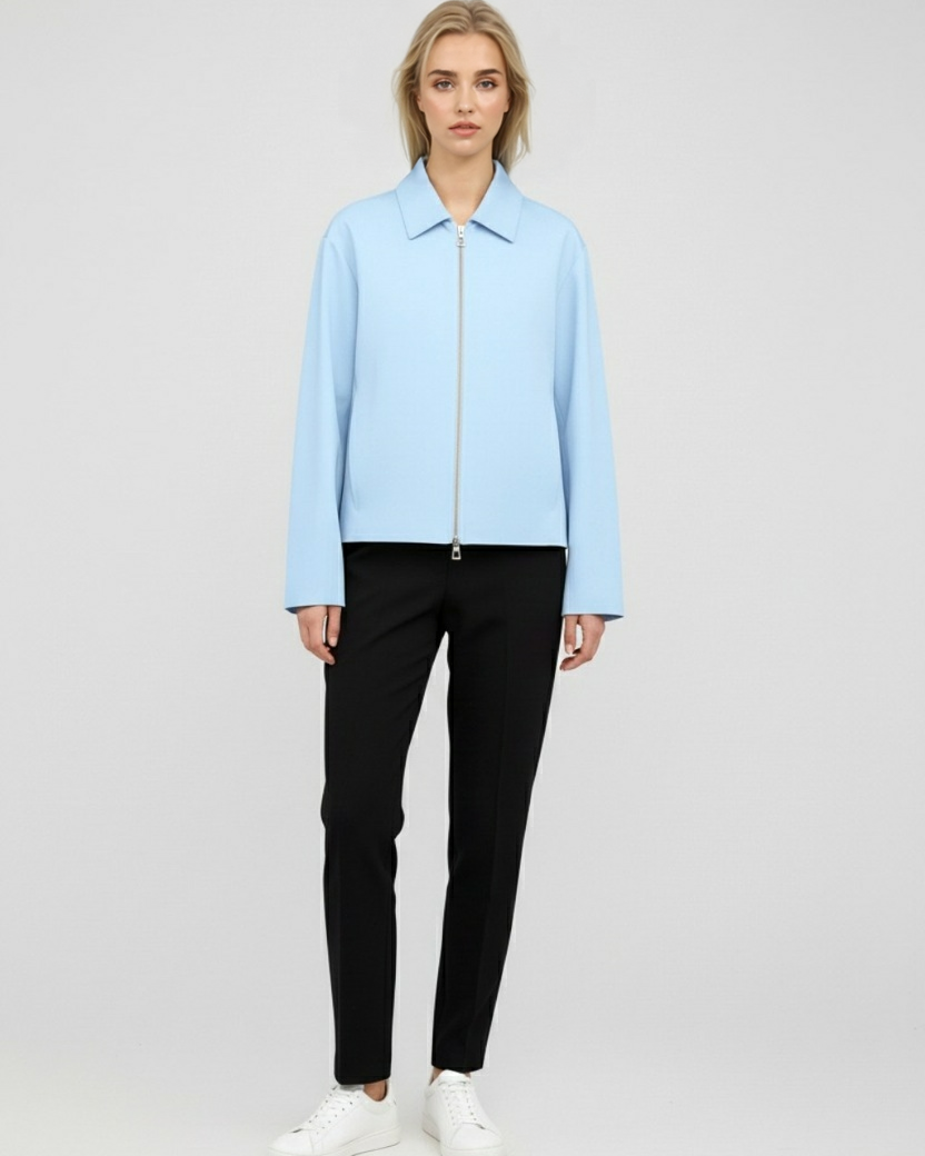 Light blue Victoria casual bomber jacket with zipper closure by Lumina Wear, featuring a stylish and comfortable design.