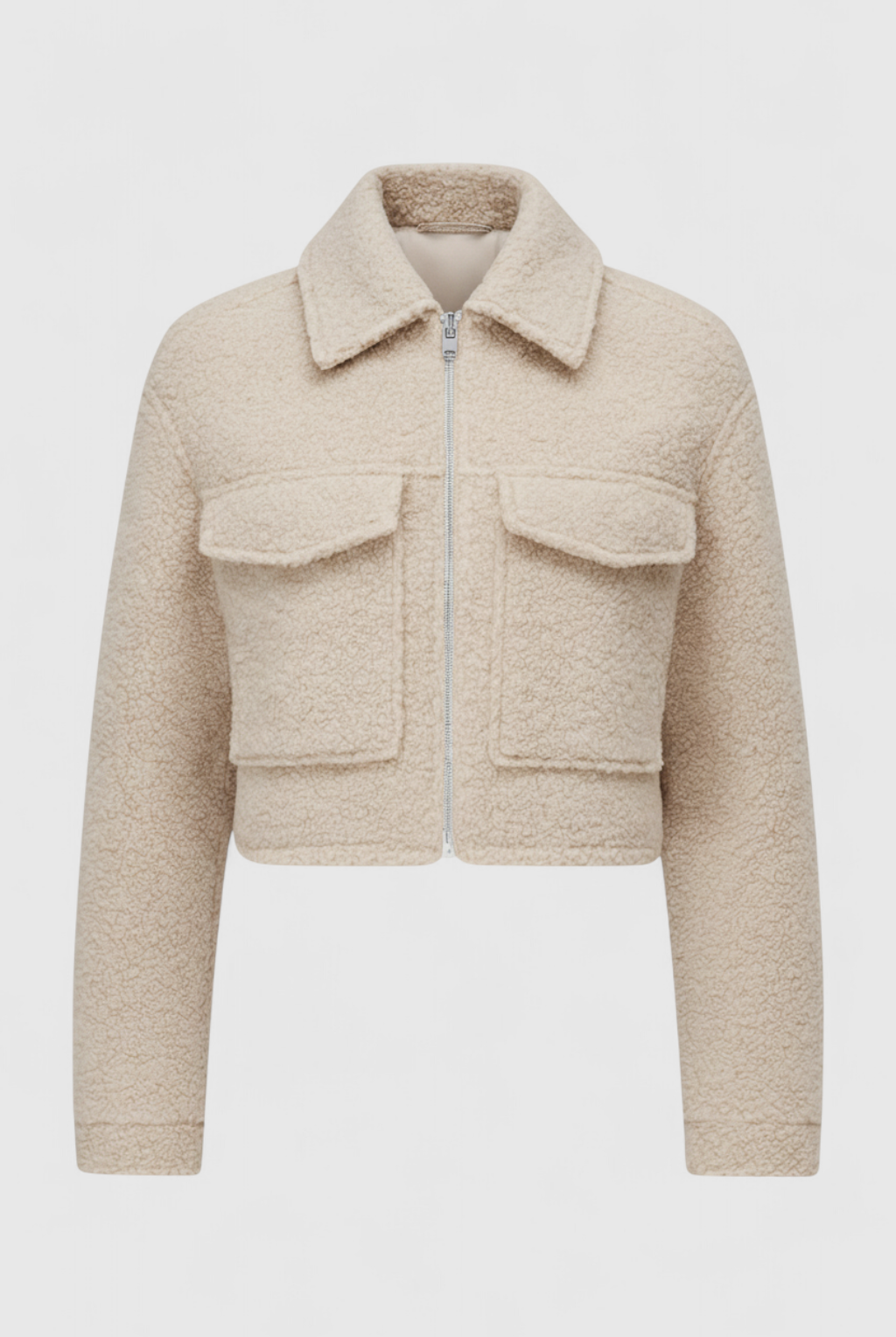 Victoria beige zip jacket by Lumina Wear featuring vintage lapel, pockets, and stylish design for women's fashion.