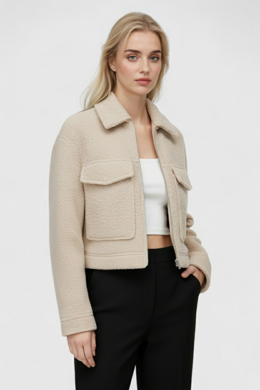 Victoria beige zip jacket by Lumina Wear featuring vintage lapel, pockets, and a chic design, perfect for women's fashion.