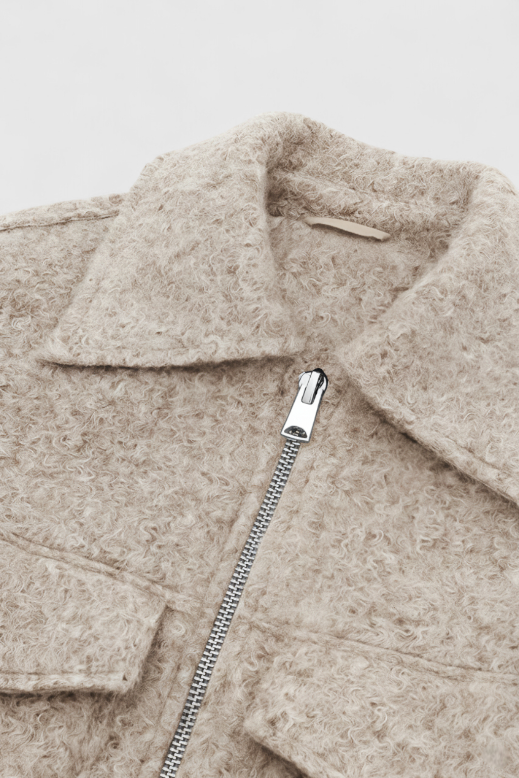 Light beige women's zip jacket with vintage lapel and pockets by Lumina Wear, showcasing a stylish, casual outerwear design.