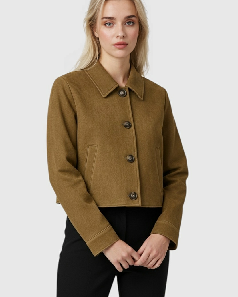 Victoria Chic Brown Button Jacket by Lumina Wear, featuring breathable fabric and stylish design, shown in a close-up image.