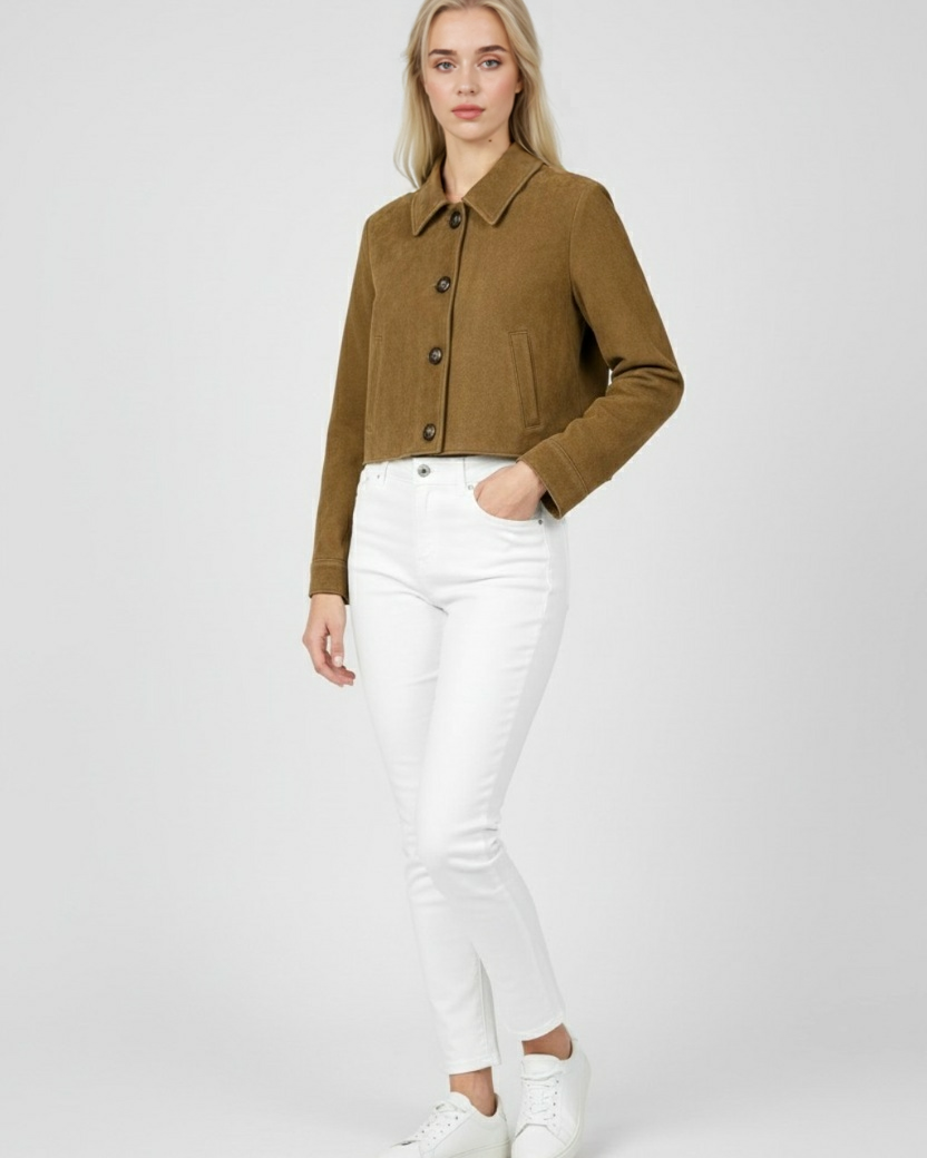 Victoria chic brown button jacket by Lumina Wear featuring breathable fabric and stylish design.