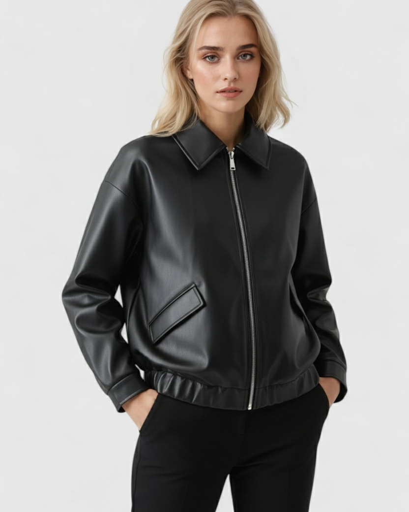 Victoria black faux leather jacket with retro collar from Lumina Wear, stylish and chic women's jacket, front view.