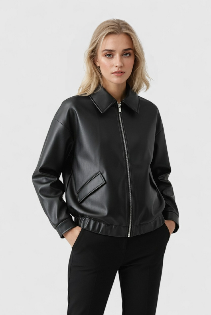 Victoria black leather jacket with retro collar from Lumina Wear, stylish jacket with sleek design and classic fit.