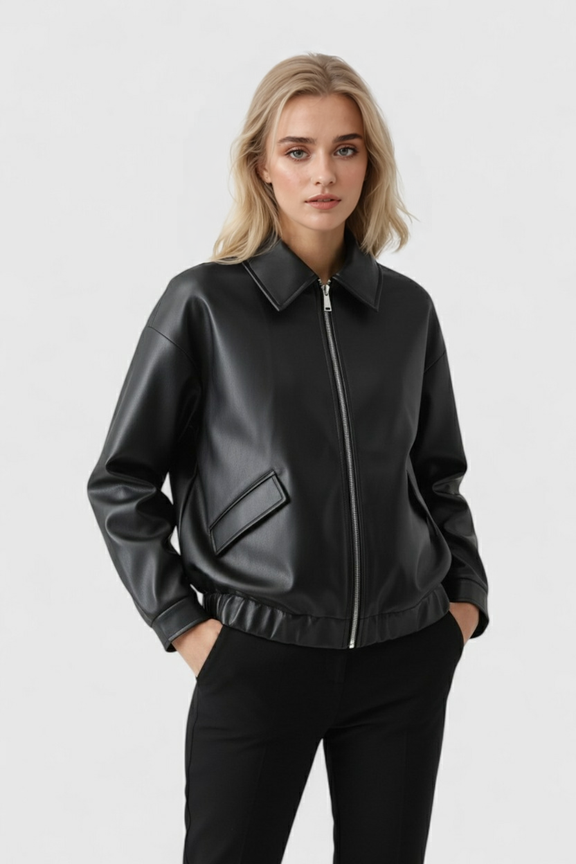 Victoria black leather jacket with retro collar from Lumina Wear, stylish jacket with sleek design and classic fit.