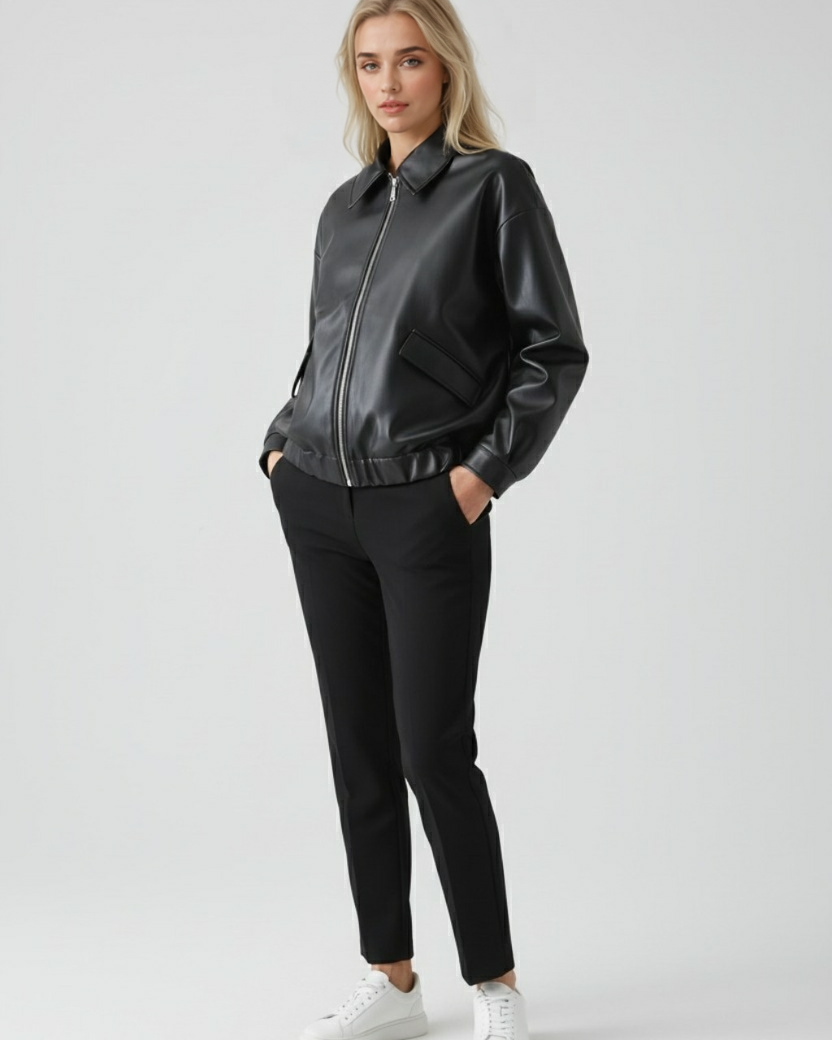 Victoria chic black faux leather jacket with retro collar from Lumina Wear, shown on a hanger.