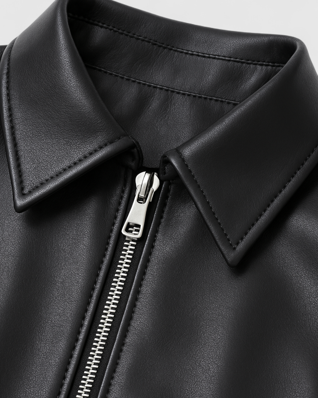 Victoria black faux leather jacket with retro collar from Lumina Wear, stylish jacket with fitted silhouette and classic design.