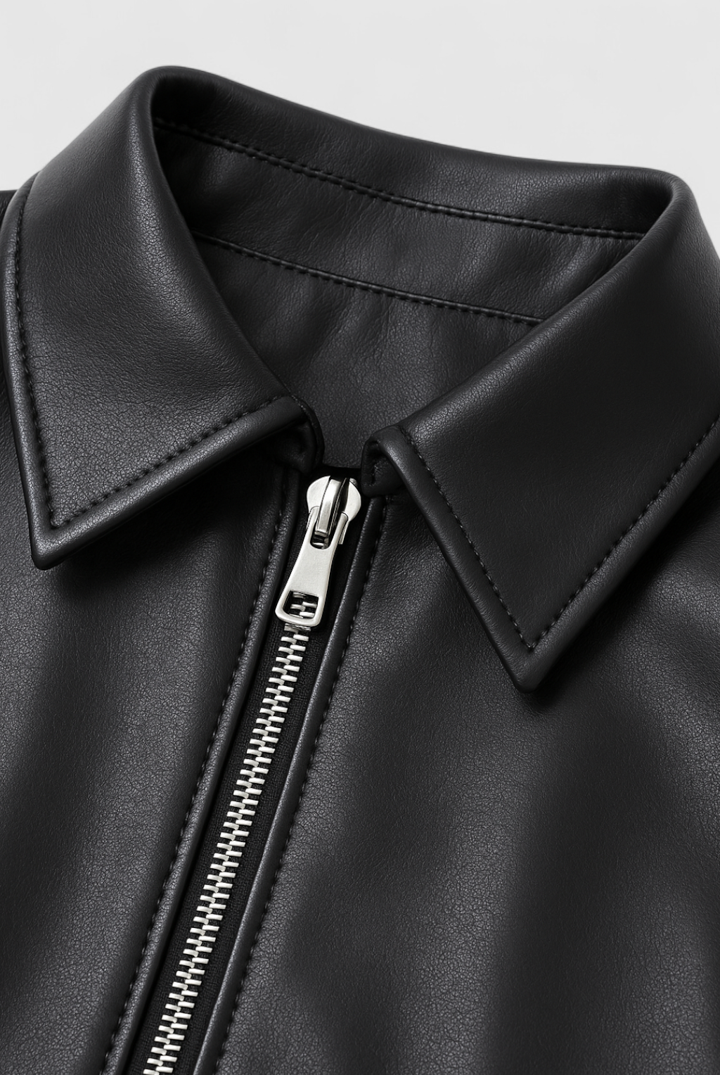 Victoria black leather jacket with retro collar from Lumina Wear, stylish and fitted, featuring classic design and sleek details.