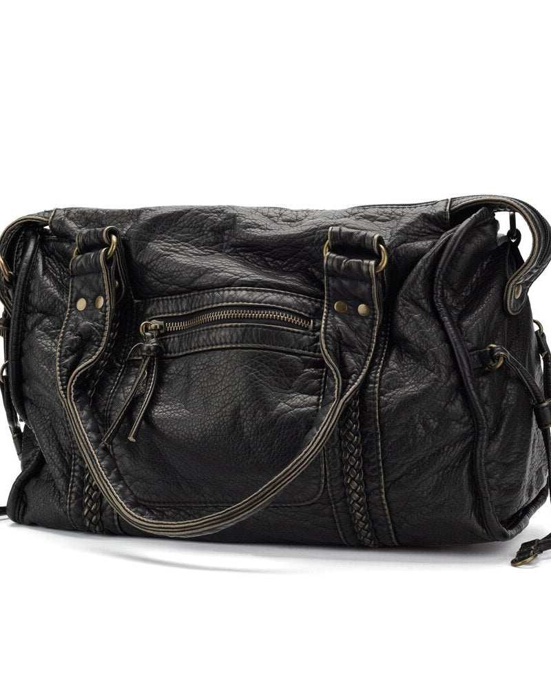 Victoria Lumina black PU leather handbag with multiple pockets, stylish design, and sturdy handles for everyday use.