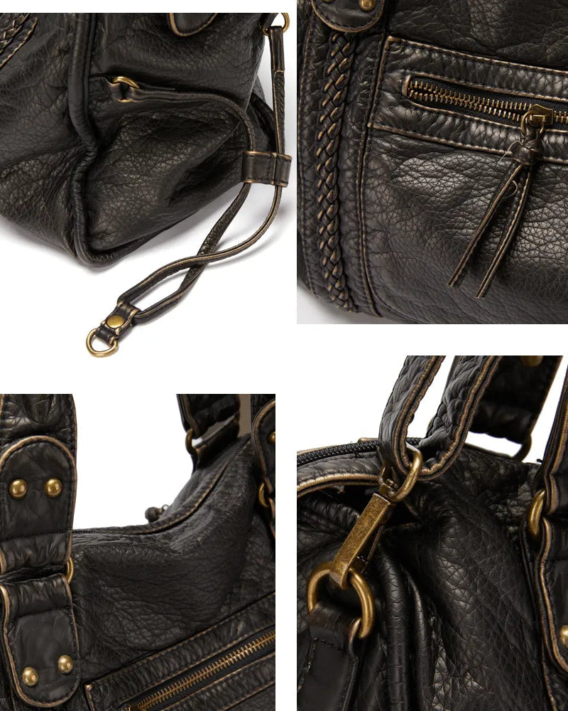 Victoria Lumina black PU leather handbag with multiple pockets, featuring sleek design and sturdy handles for versatile style.