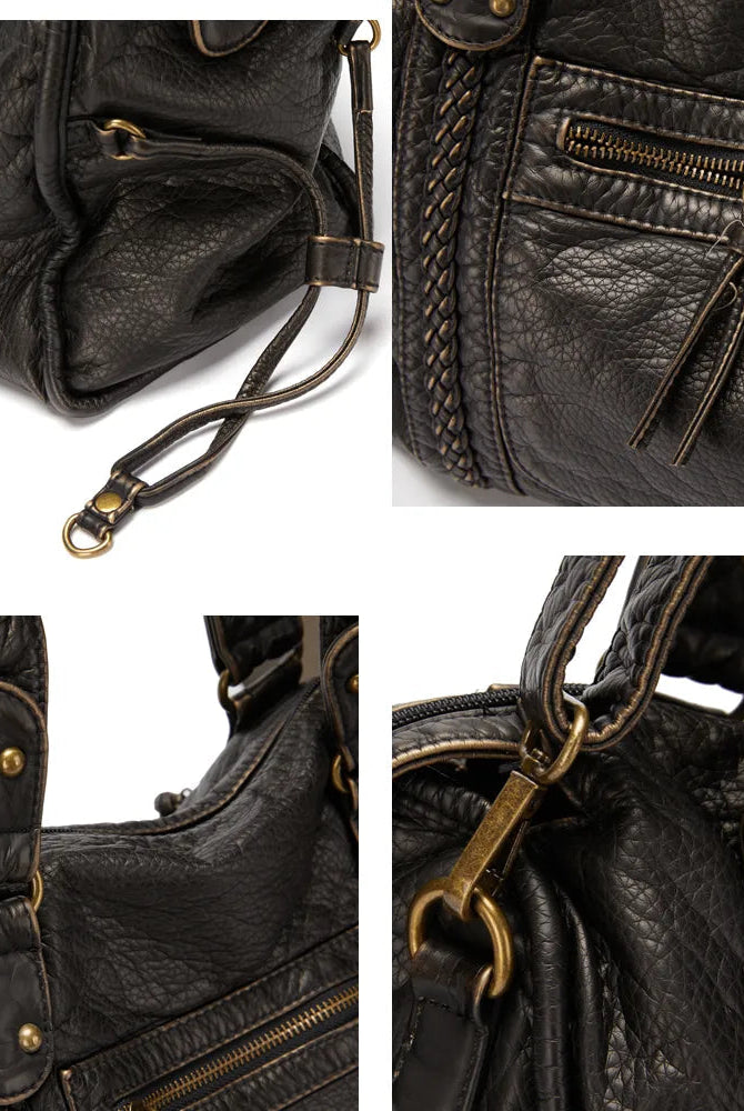 Victoria black PU leather handbag by Lumina Wear with multiple pockets and stylish design, perfect for everyday use.