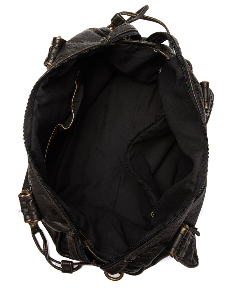 Victoria Lumina black PU leather handbag with multiple pockets, featuring stylish design and functional compartments.