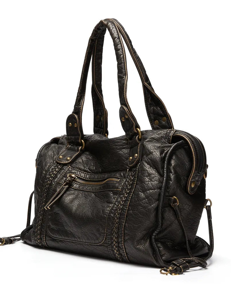 Victoria Lumina black PU leather handbag with multiple pockets, featuring a stylish design and sturdy handles.
