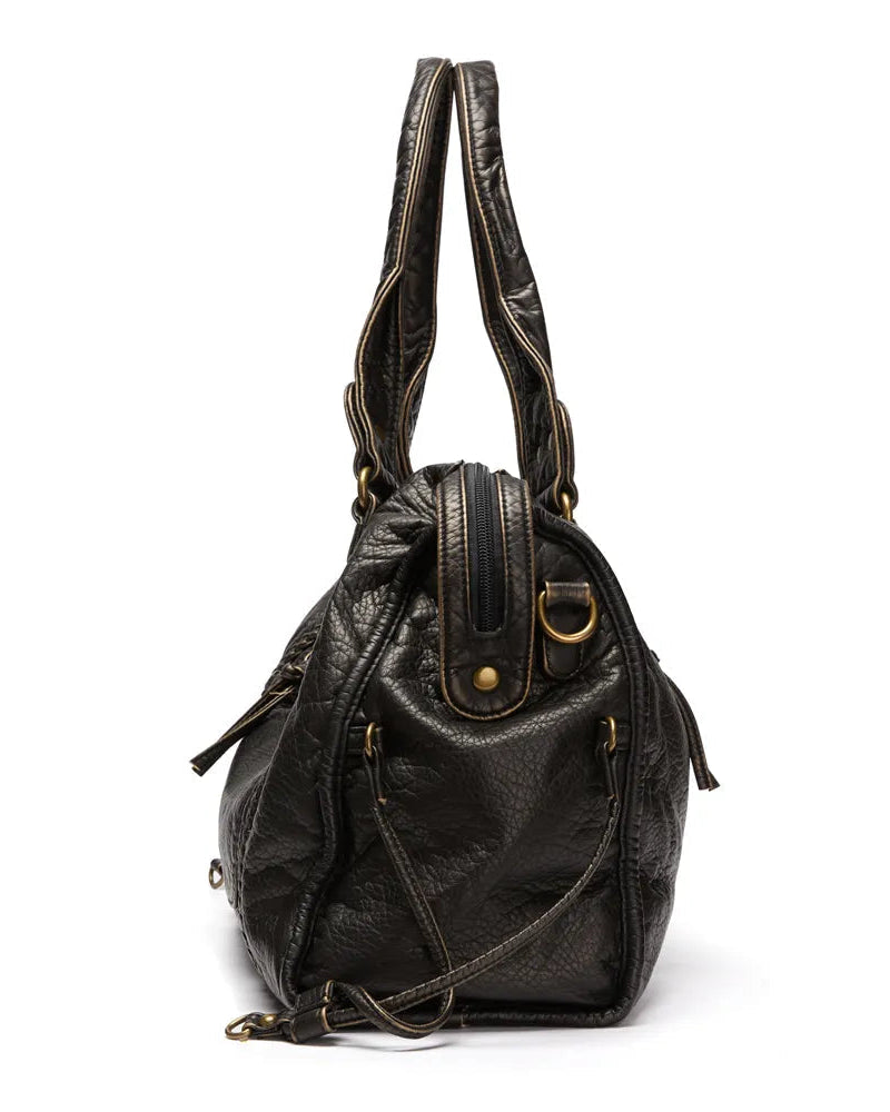 Victoria Lumina black PU leather handbag with multiple pockets, featuring a stylish design and structured shape.