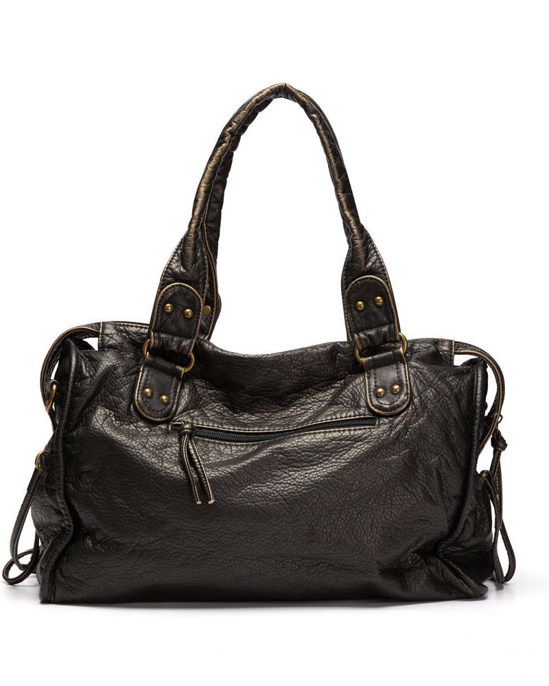 Lumina Wear Victoria black PU leather handbag with multiple pockets, stylish design, and sturdy handles.